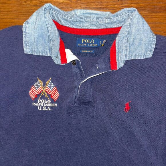 Polo Ralph Lauren Other - Polo Ralph Lauren USA Polo Mens Large Custom Slim Fit American Flag Denim Vented